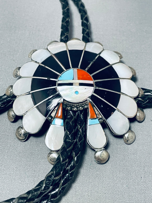 Hypnotic Vintage Signed Native American Zuni Inlay Jet Coral Turquoise Mother Of Pearl Bolo-Nativo Arts