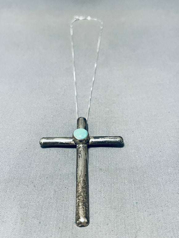Vintage Native American Zuni Royston Turquoise Sterling Silver Cross Necklace-Nativo Arts