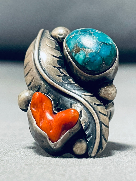 Intricate Vintage Native American Navajo Carico Lake Turquoise Coral Sterling Silver Ring-Nativo Arts