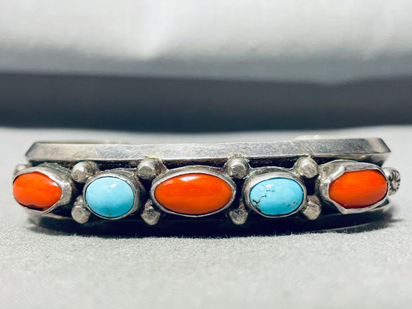 Lyle Secatero Vintage Native American Navajo Turquoise Coral Sterling Silver Bracelet-Nativo Arts