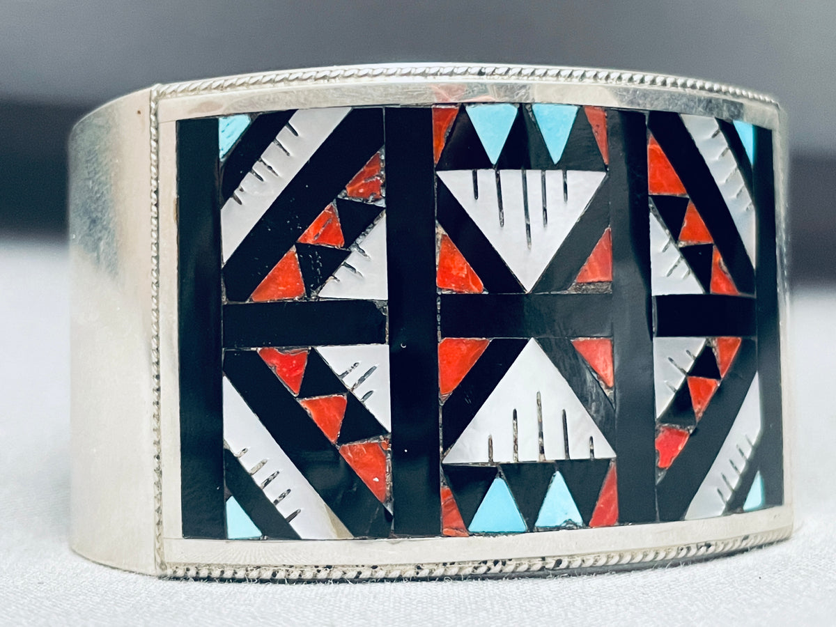 Leo Otue Vintage Native American Zuni Rug Inlay Turquoise Sterling Sil ...