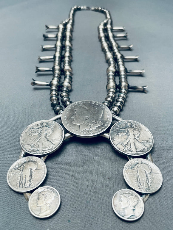 Superior Vintage Native American Navajo Sterling Silver Coin Squash Blossom Necklace-Nativo Arts