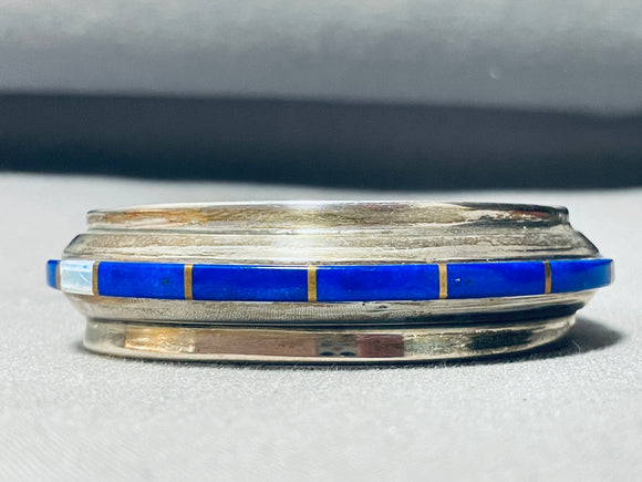 5.5 Inch Wrist Vintage Native American Navajo Lapis Sterling Silver Inlay Bracelet-Nativo Arts