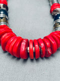 Chunky Native American Navajo Coral Disc Sterling Silver Beaded Necklace-Nativo Arts