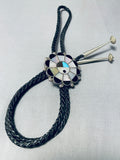 Tom Henry Vintage Native American Navajo Turquoise Pearl Inlay Sterling Silver Bolo Tie