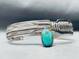 Sam Kee Vintage Native American Navajo Green Turquoise Sterling Silver Feather Bracelet-Nativo Arts