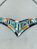 Super Intricate!! Vintage Zuni Turquoise Inlay Sterling Silver Necklace-Nativo Arts