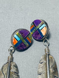 So Detailed Vintage Native American Zuni Turquoise Sterling Silver Inlay Earrings-Nativo Arts