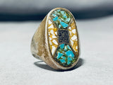 Illustrious Vintage Native American Navajo Turquoise Chip Inlay Sterling Silver Huge Ring-Nativo Arts