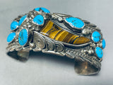 Tigers Eye Cla!! Vintage Native American Navajo Turquoise Sterling Silver Bracelet-Nativo Arts