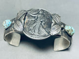 Amazing Vintage Native American Navajo Pilot Mountain Turquoise & Coin Sterling Silver Bracelet-Nativo Arts