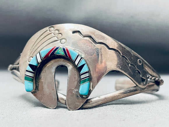 Detailed Vintage Native American Navajo Bear Inlay Sterling Silver Bracelet-Nativo Arts