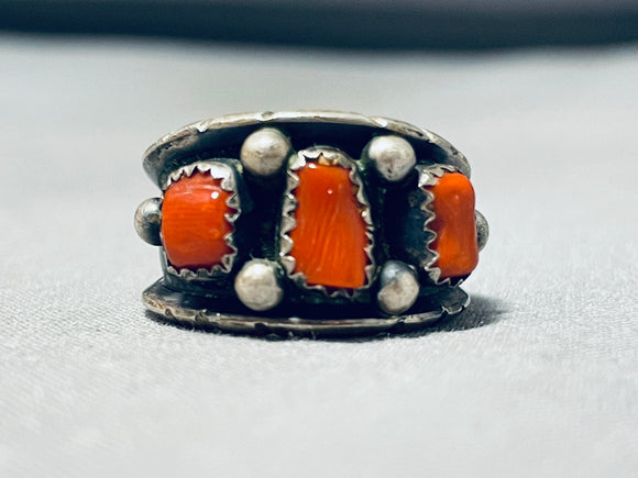 Exceptional Vintage Native American Navajo Coral Sterling Silver Ring-Nativo Arts