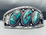 Rare Slanted Morenci Turquoise Vintage Native American Navajo Sterling Silver Bracelet-Nativo Arts