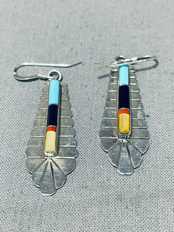 Native American Outstanding Vintage Navaio Turquoise Coral Jet Sterling Silver Earrings-Nativo Arts