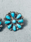 Early Vintage Native American Zuni Turquoise Flower Sterling Silver Earrings