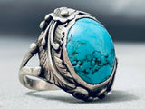 Spiderweb Turquoise Leaves Vintage Native American Navajo Sterling Silver Ring Old