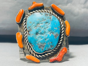 147 Grams Native American Navajo Turquoise Satellite Coral Sterling Silver Bracelet-Nativo Arts