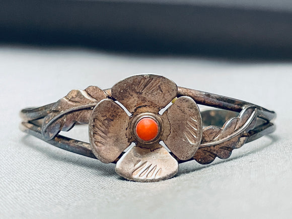 Detailed Vintage Native American Navajo Coral Flower Sterling Silver Bracelet-Nativo Arts