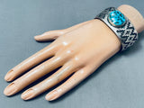 Hand Tooled Geomtric Vintage Native American Navajo Turquoise Sterling Silver Bracelet-Nativo Arts