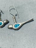 Precious Vintage Native American Navajo Blue Diamond Turquoise Sterling Silver Bird Earrings-Nativo Arts
