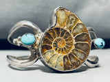 Fossilized Nautilus Rare Vintage Native American Navajo Turquoise Sterling Silver Bracelet-Nativo Arts