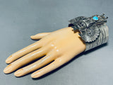Ornate Native American Navajo 8 Turquoise Sterling Silver Kachina Bracelet-Nativo Arts