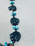 Native American Fascinating Vintage Zuni Jet Bear Fetish & Turquoise Sterling Silver Necklace-Nativo Arts