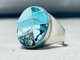Brilliant Vintage Native American Navajo Turquoise Inlay Sterling Silver Large Ring-Nativo Arts