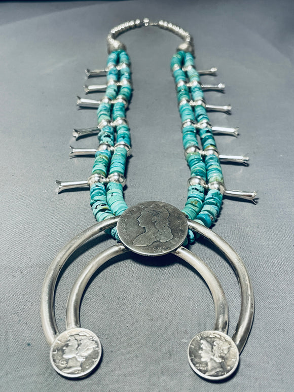 191 Grams Native American Navajo Sterling Silver Coin Turquoise Squash Blossom Necklace-Nativo Arts