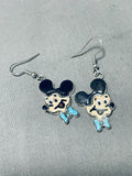 Mickey Mouse Cute Vintage Native American Zuni Inlay Turquoise Sterling Silver Earrings-Nativo Arts