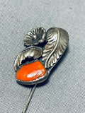 Vibrant Vintage Native American Navajo Coral Sterling Silver Hat Pin-Nativo Arts