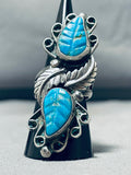 Best Vintage Navajo Hand Carved Leaf Turquoise Sterling Silver Ring Old-Nativo Arts