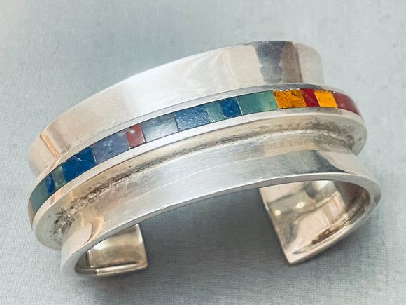 Detailed Vintage Southwest Sterling Silver Inlay Bracelet Cuff-Nativo Arts