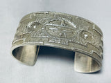 Rare Native American Navajo Signed Sterling Silver Geometric Sunface Handcarved Bracelet-Nativo Arts