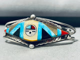 Woah! Vintage Native American Zuni Detailed Inlay Turquoise Sterling Silver Sun Bracelet-Nativo Arts