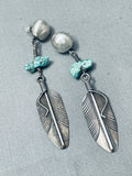 Intricate Feather Vintage Native American Navajo Turquoise Sterling Silver Earrings-Nativo Arts