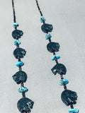 Native American Fascinating Vintage Zuni Jet Bear Fetish & Turquoise Sterling Silver Necklace-Nativo Arts
