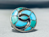 One Of The Best Vintage Native American Zuni Turquoise Swirl Inlay Sterling Silver Ring-Nativo Arts