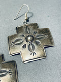 Supreme Vintage Native American Navajo Sterling Silver Cross Handstamped Earrings-Nativo Arts