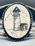 Hand Carved Lighthouse Vintage Native American Navajo Sterling Silver Bracelet-Nativo Arts