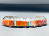 6.5 Inch Wrist Native American Navajo Orange Shell Sterling Silver Inlay Bracelet Cuff-Nativo Arts