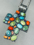 131 Grams Vintage Native American Navajo Turquoise Sterling Silver Cross Necklace-Nativo Arts