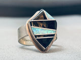 Intricate Vintage Native American Navajo Opal Jet Inlay Sterling Silver Ring-Nativo Arts