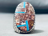 30 Grams Heavy Big Native American Navajo Turquoise Agate Sterling Silver Inlay Ring-Nativo Arts