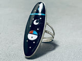 Stellar Native American Navajo Signed Cosmic Inlay Jet Turquoise Coral Sterling Silver Ring-Nativo Arts