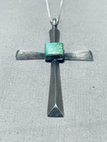 Divine Vintage Native American Navajo Royston Turquoise Square Sterling Silver Cross Necklace-Nativo Arts