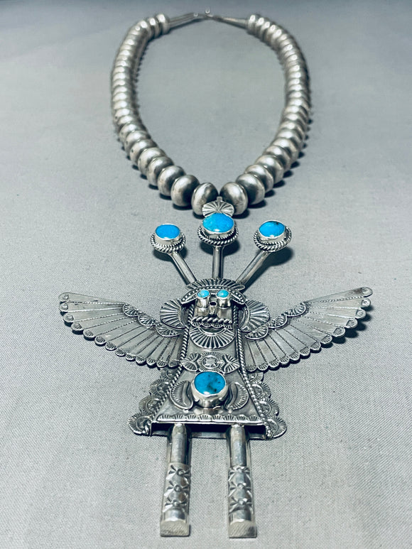 6 Inch Tall Mind Bending Native American Navajo Kachina Turquoise Sterling Silver Necklace-Nativo Arts