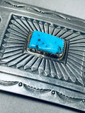 Willie Yazzie Sr. Vintage Native American Navajo Old Kingman Turquoise Sterling Silver Buckle-Nativo Arts