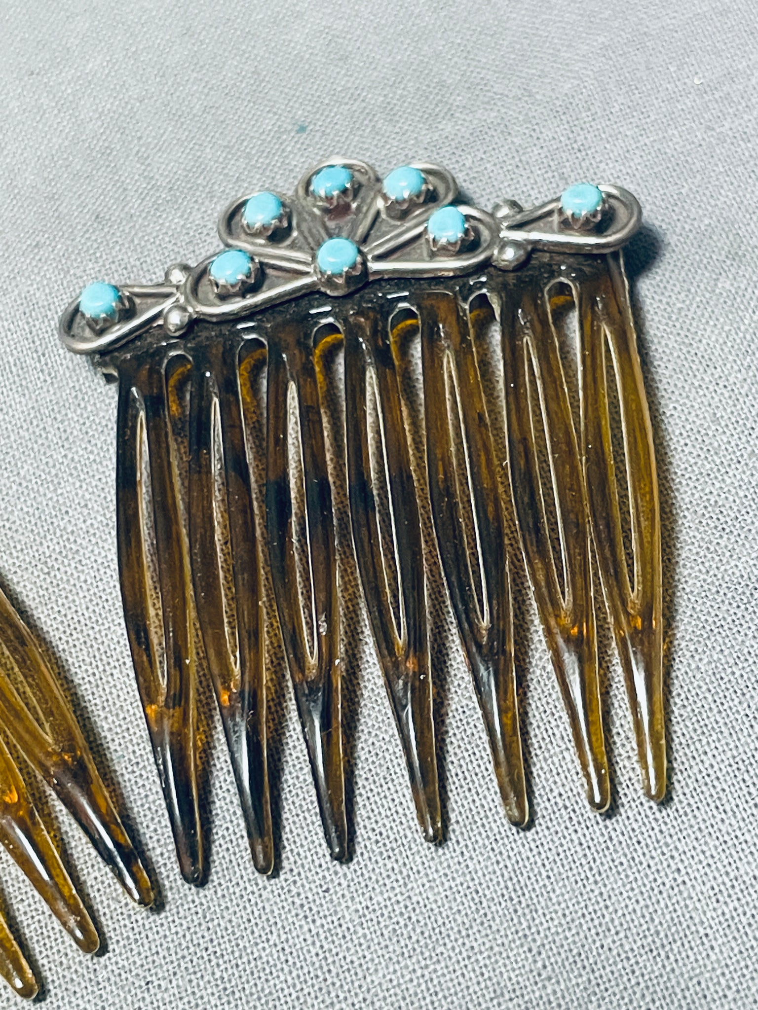 2024 Old Pont Zuni needlepoint turquoise sterling silver hair combs